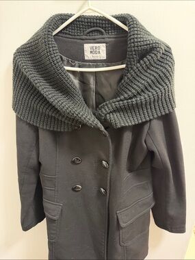 Vero Moda Black Double-Breasted Knit-Collar Coat Sweater